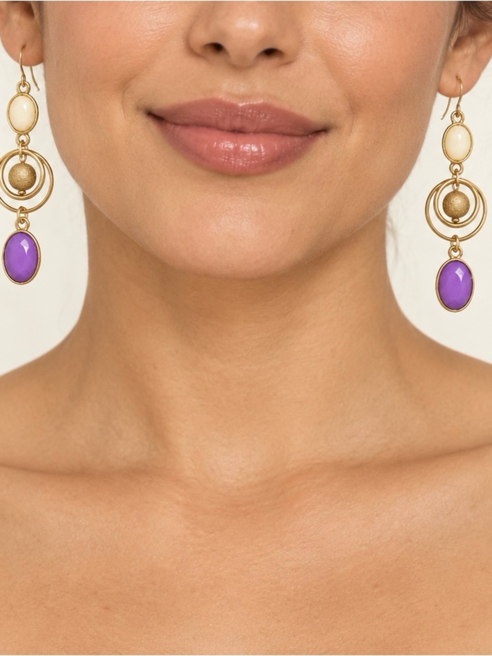 Gold Drop Earrings with Purple and Cream Stones - Women Jewelry